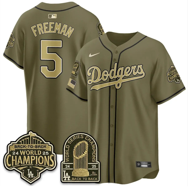 Men's Olive Los Angeles Dodgers #5 Freddie Freeman 2026 Armed Forces Day With World Series Champions Patch Limited Stitched Baseball Jersey